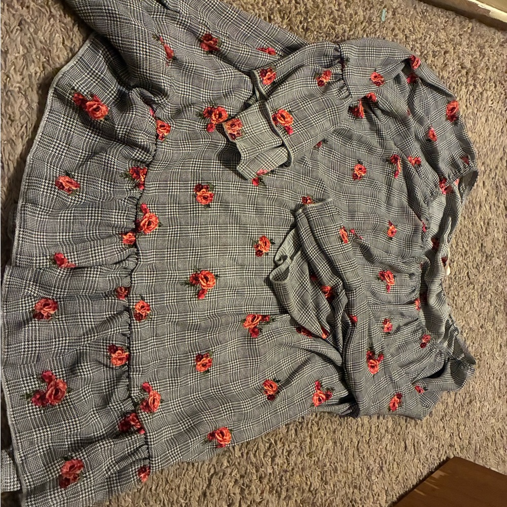 Gray Plaid Blouse with Red Floral Pattern